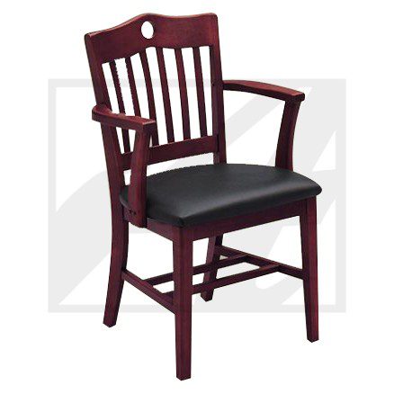 Elegant wooden armchair with a black cushioned seat and vertical slatted backrest.