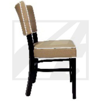 Side view of a wooden chair with light brown cushioned seat and backrest.