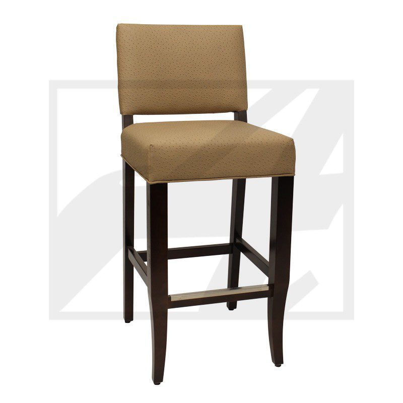 Brown upholstered bar stool with wooden legs and footrest.