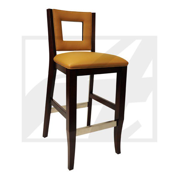 Wooden bar stool with a cushioned seat and backrest.