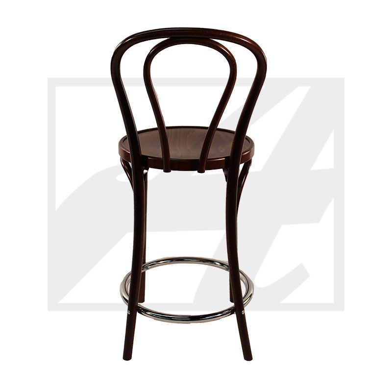 A classic wooden bar stool with a curved backrest and footrest.
