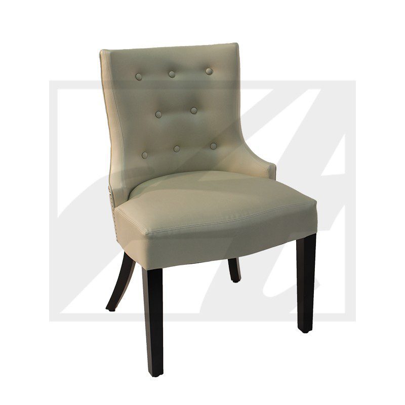 Beige upholstered accent chair with tufted back and dark wooden legs.