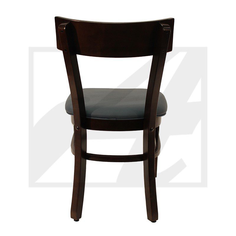 Dark wooden chair with a leather seat, viewed from the back.