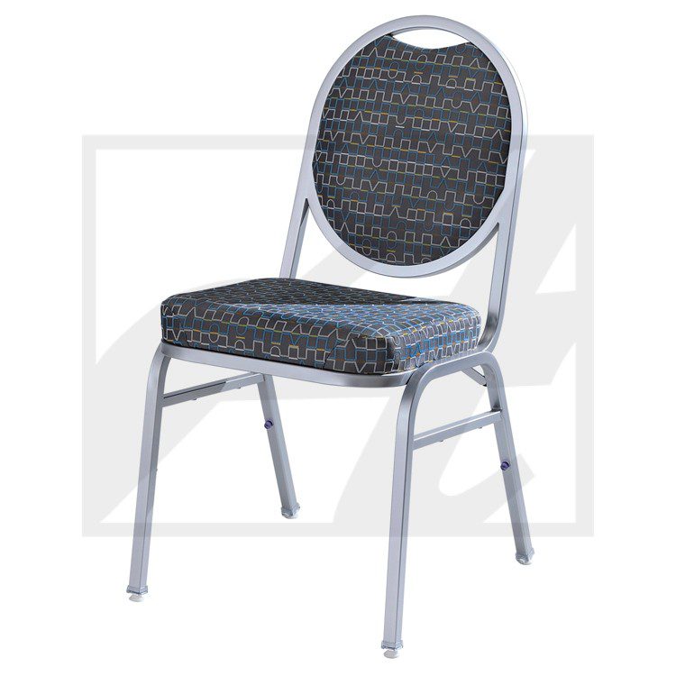 Stackable metal chair with padded seat and backrest.