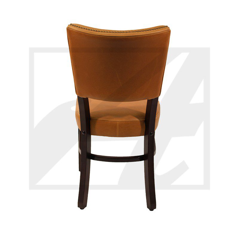 A brown leather chair with dark wooden legs and frame, viewed from the back.