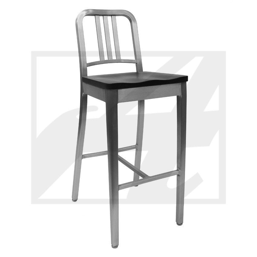 Metal bar stool with a black seat and backrest.