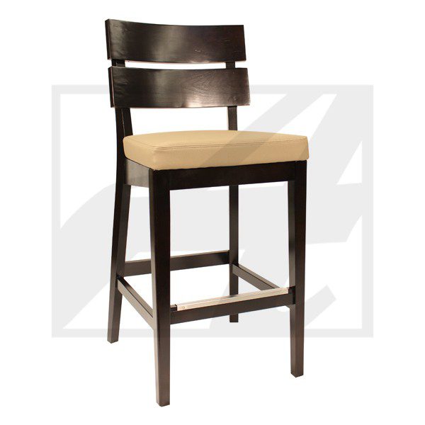 Wooden bar stool with beige cushioned seat and backrest.