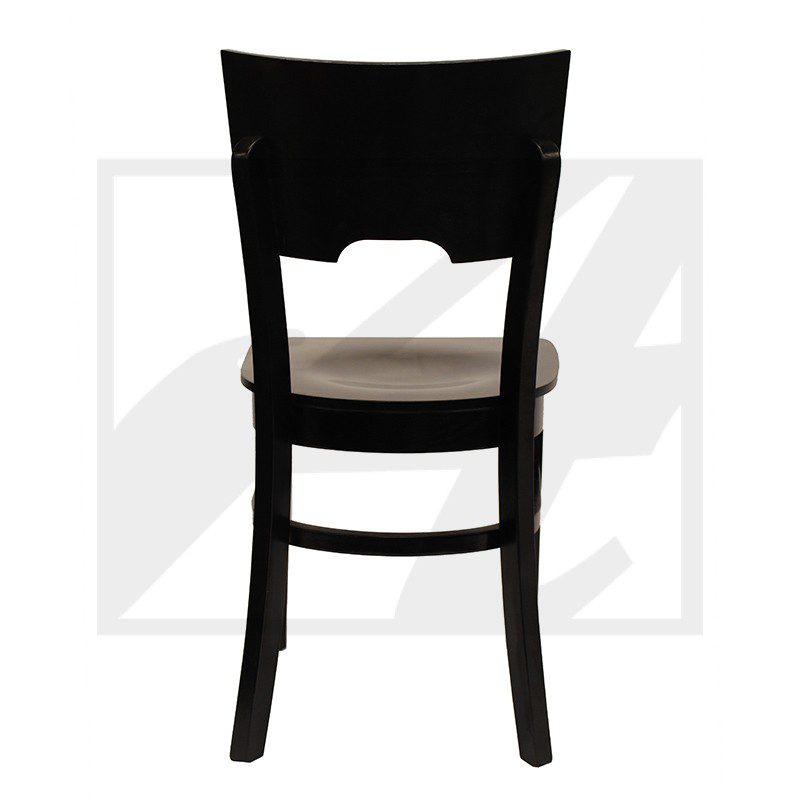 Black wooden chair with beige cushioned seat, viewed from the back.