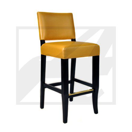 Modern yellow bar stool with black wooden legs and backrest.