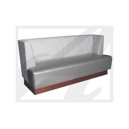 A modern gray upholstered bench with a wooden base.