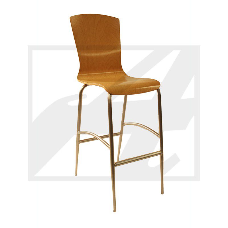 Modern wooden bar stool with a curved seat and slender legs.