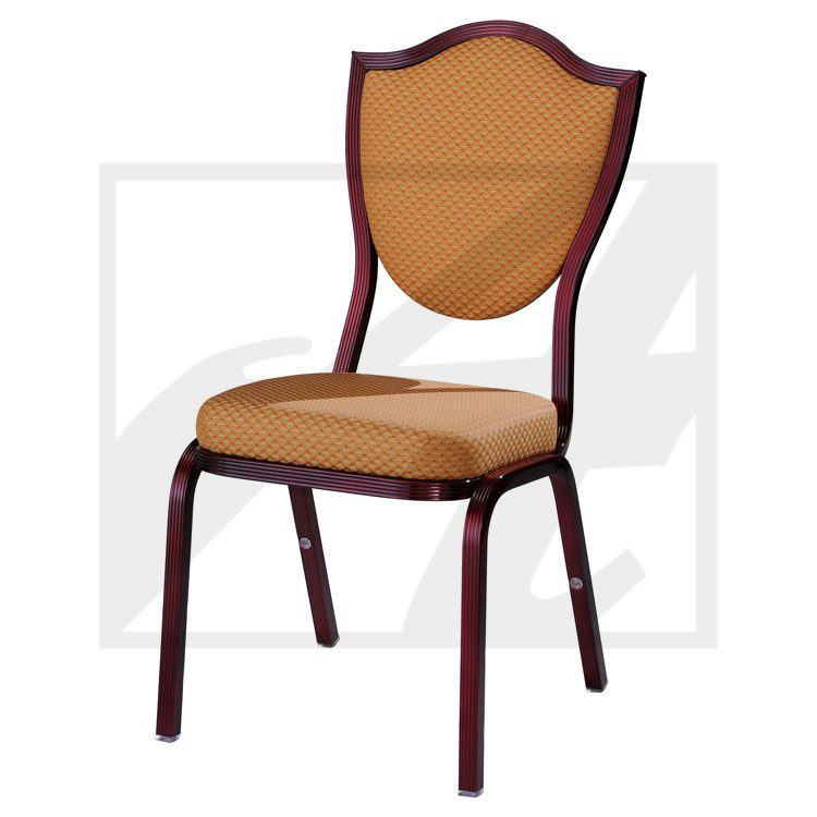 A cushioned chair with brown upholstery and dark wooden legs.