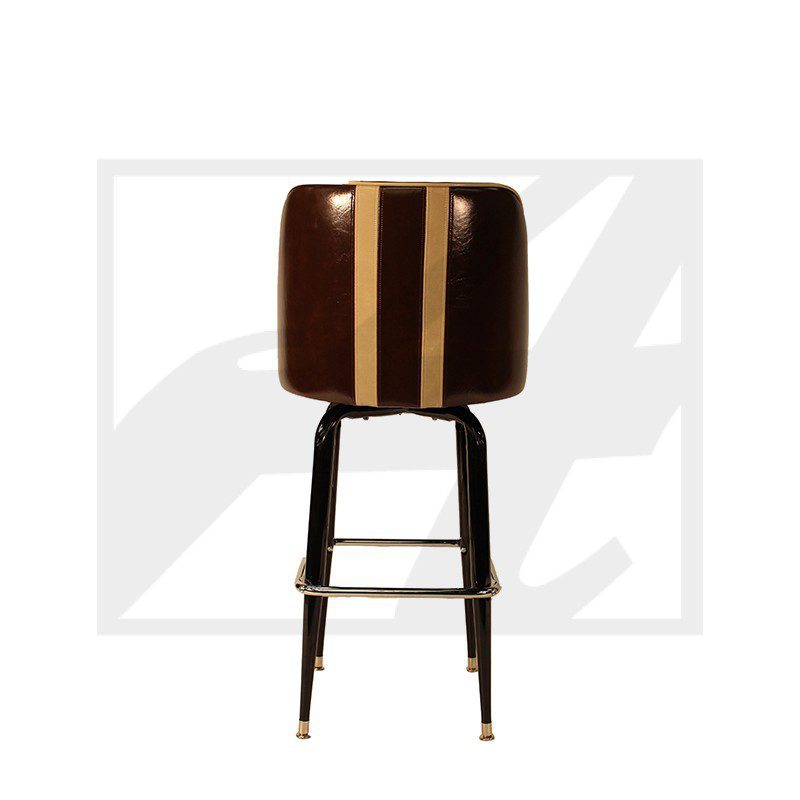 A modern bar stool with a dark cushioned seat and wooden legs.