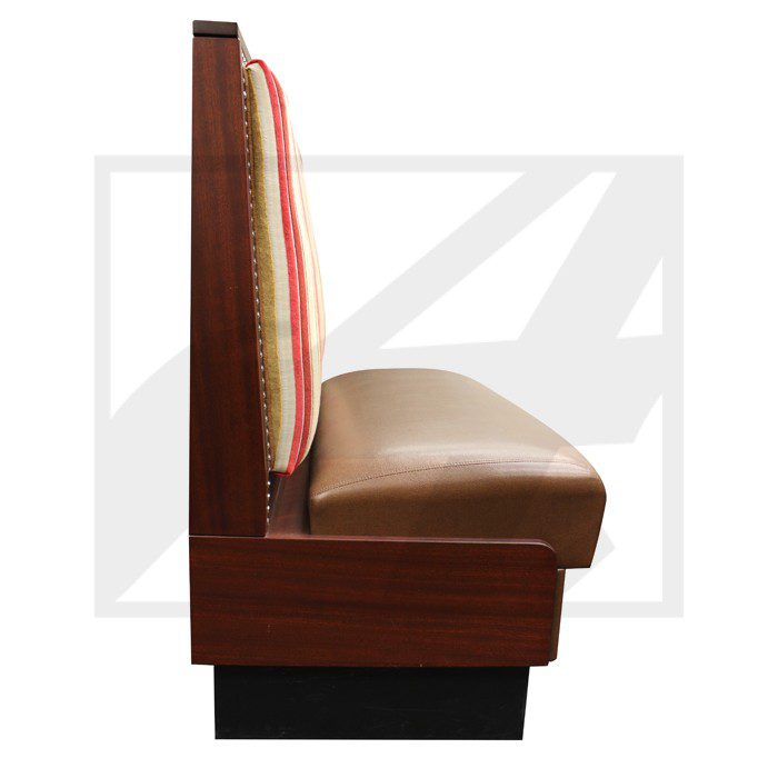 Side view of a brown leather booth seat with wooden base.