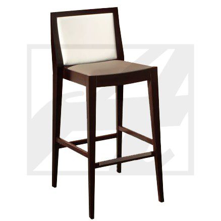 Modern wooden bar stool with white cushioned seat and backrest.