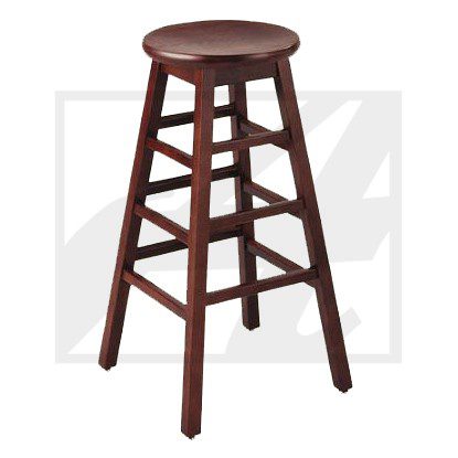 A wooden bar stool with a round seat and four legs.