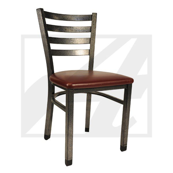 A metal chair with a red cushioned seat and horizontal back slats.