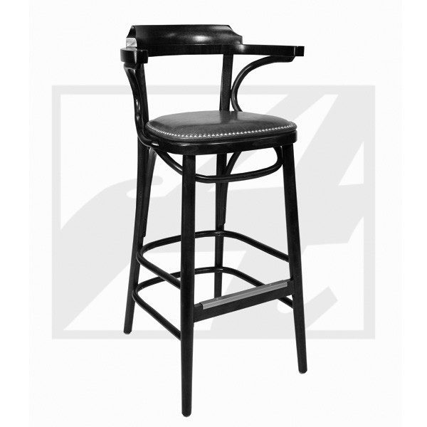 Black wooden bar stool with a backrest and footrest.