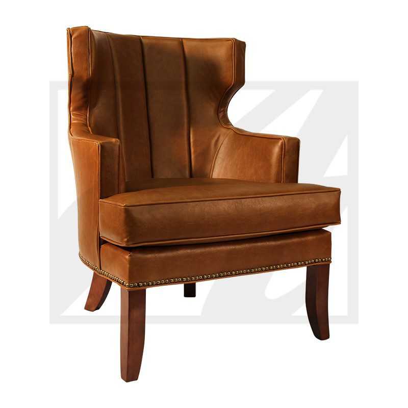 Brown leather armchair with wooden legs and high backrest.