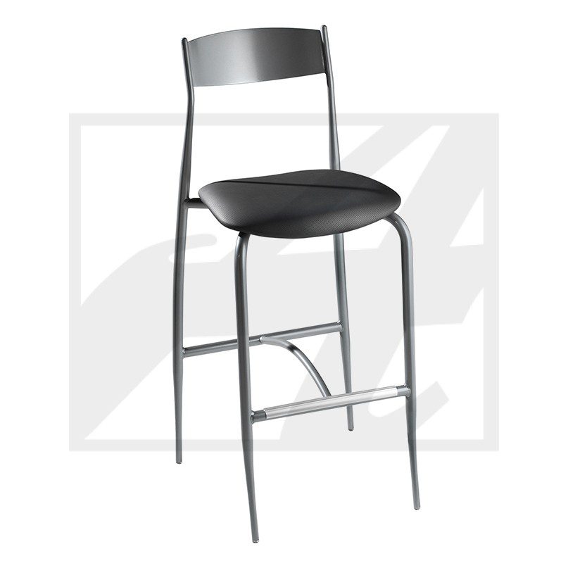 A sleek black metal bar stool with a curved backrest and footrest.