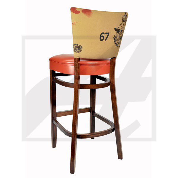 Vintage-style bar stool with a cushioned seat and a printed backrest.