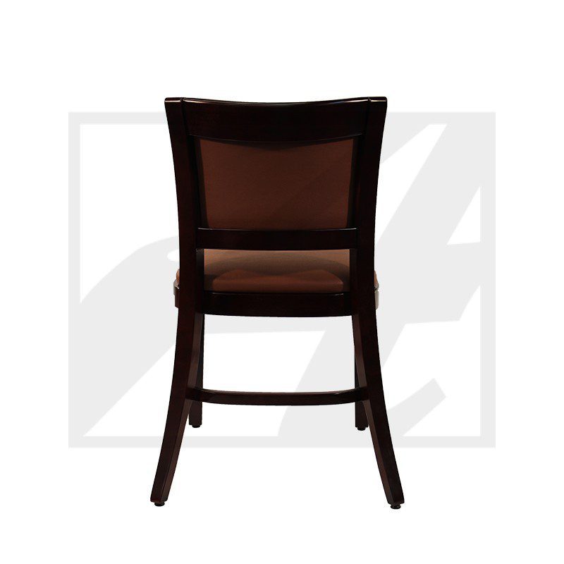 Dark wooden chair with a padded brown seat and backrest, viewed from the back.