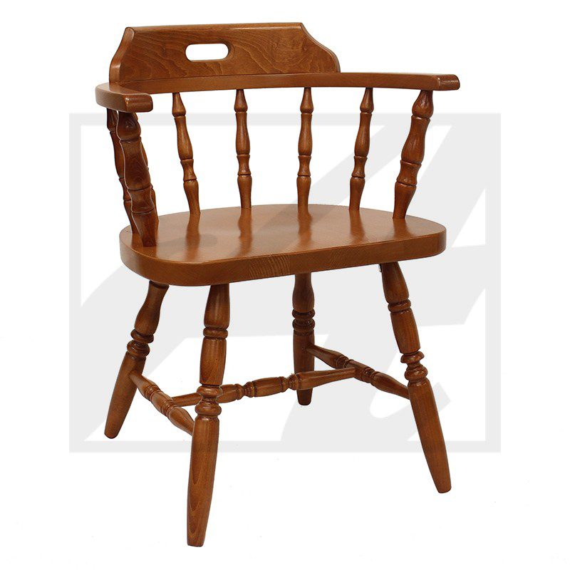 Classic wooden armchair with spindled back and legs.