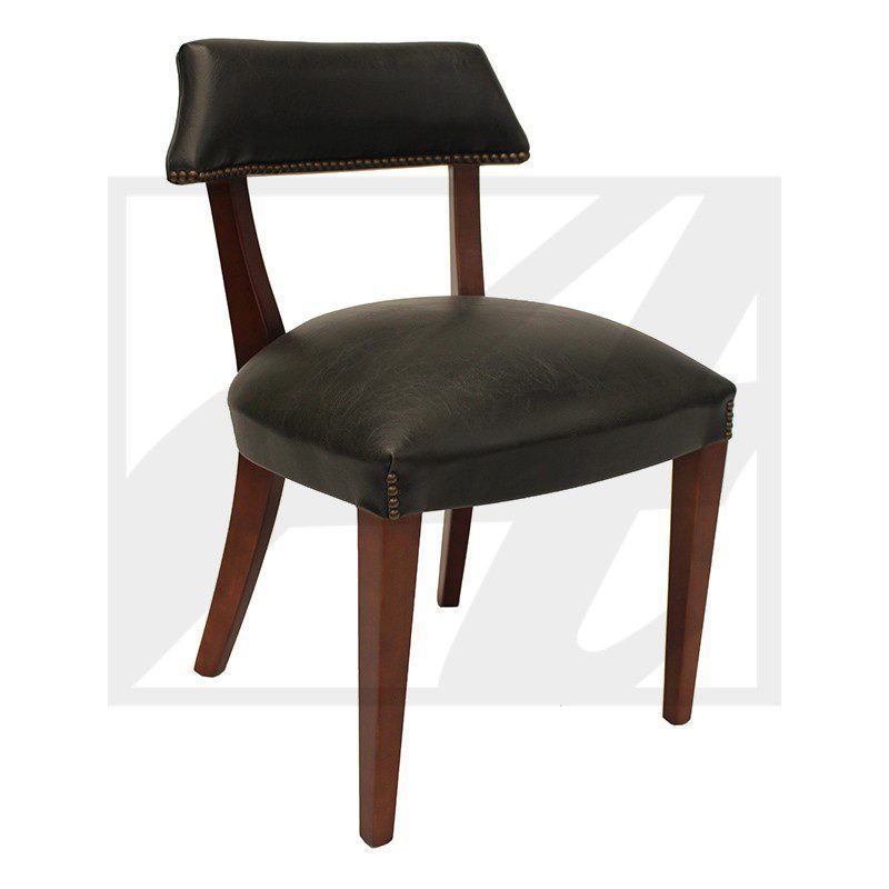 Modern black leather chair with wooden legs and backrest.