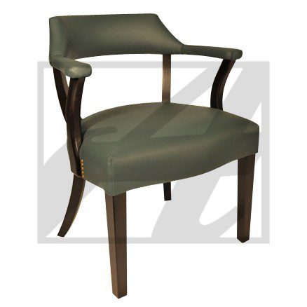 Elegant wooden armchair with green upholstery and curved backrest.
