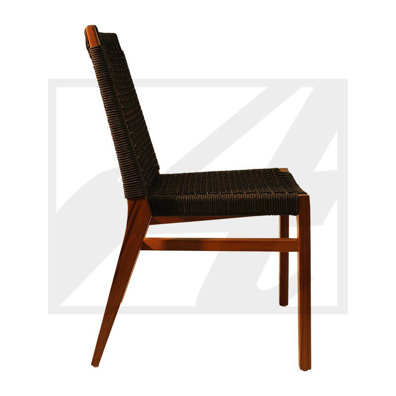 Side view of a wooden chair with a dark woven seat and backrest.