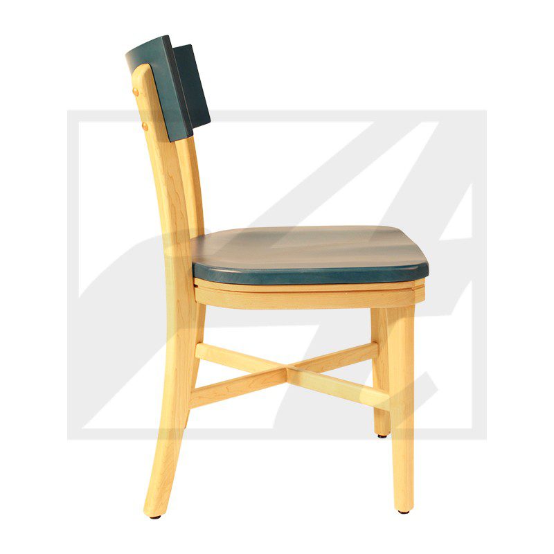 Side view of a wooden chair with cushioned seat and backrest.