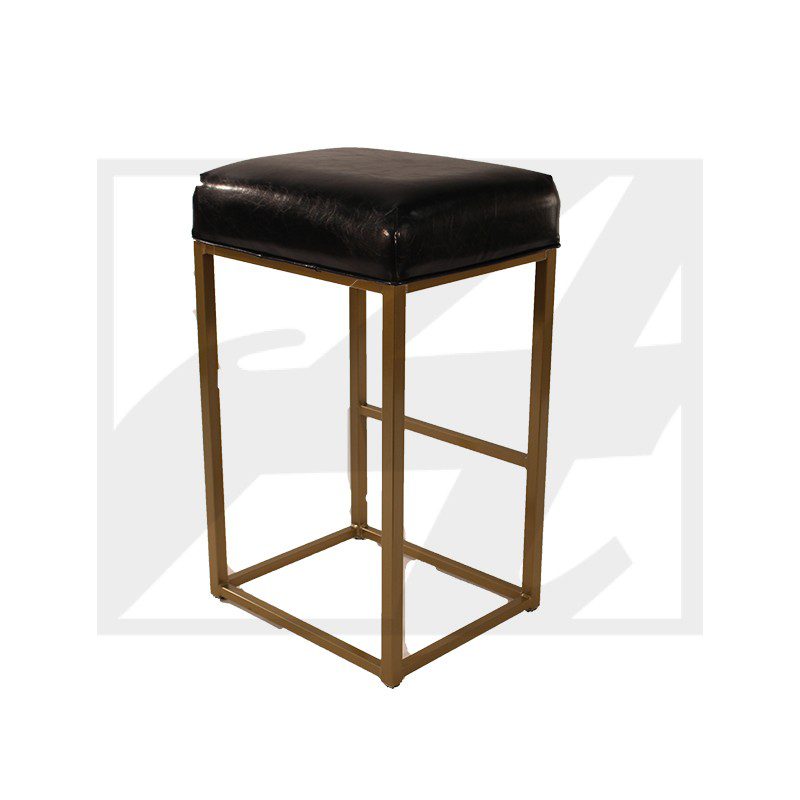 Modern stool with black cushioned seat and gold metal frame.