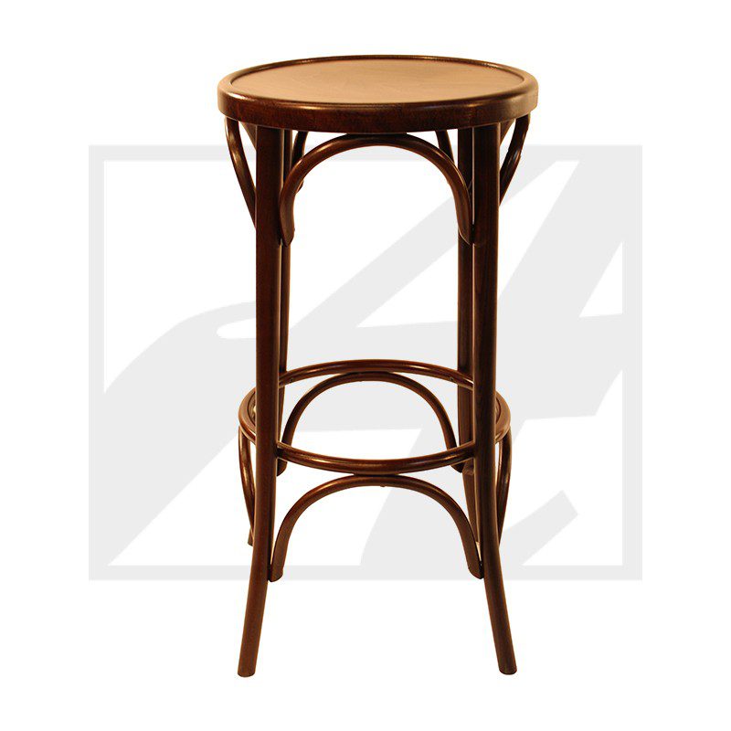 Tall wooden stool with a round seat and curved legs.