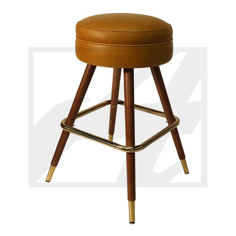 Round brown leather bar stool with wooden legs and brass footrest.