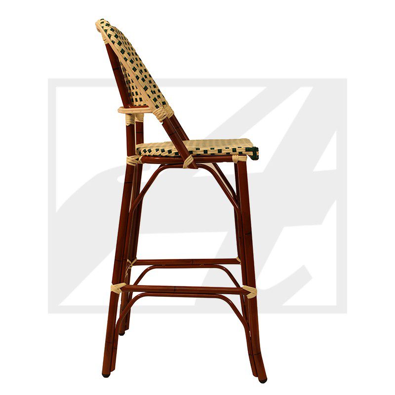 Side view of a stylish rattan bar stool with a patterned seat.
