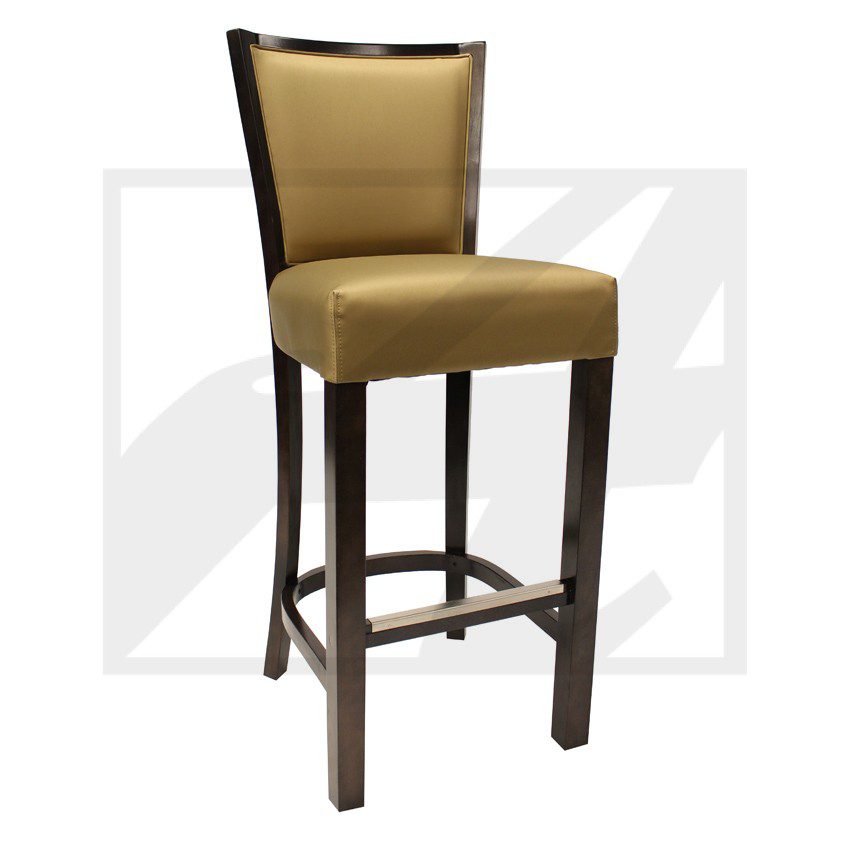 Upholstered bar stool with wooden frame and footrest.