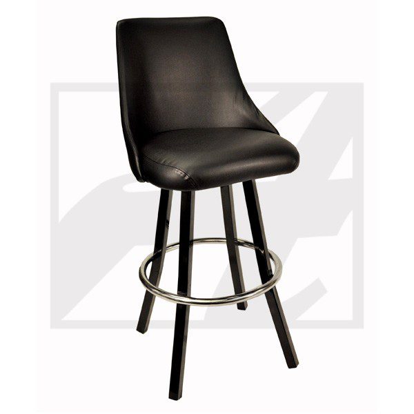 Black cushioned bar stool with backrest and footrest ring.