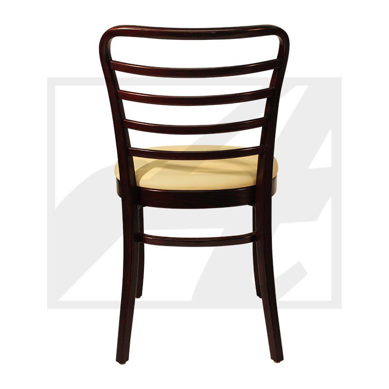 A wooden chair with a curved ladder back and light-colored seat.