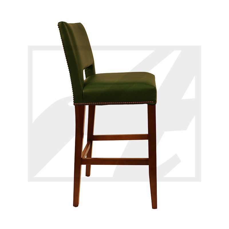 Elegant green upholstered bar stool with wooden legs and footrest.