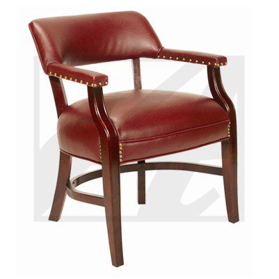 Elegant wooden armchair with red leather upholstery and nailhead trim.