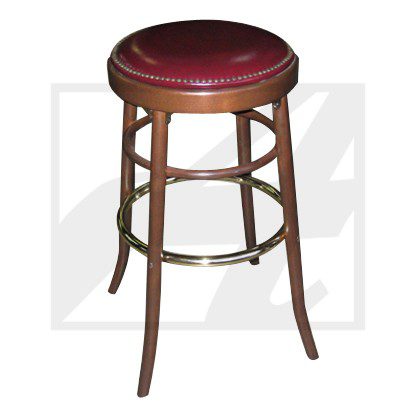 Classic wooden bar stool with a round red cushioned seat.