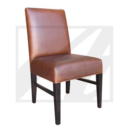 Brown leather dining chair with dark wooden legs.
