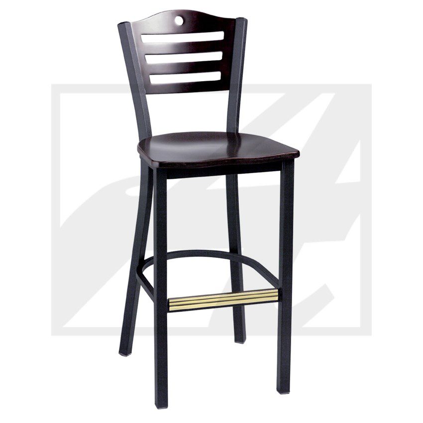 Black metal bar stool with a cushioned seat and ladder back design.