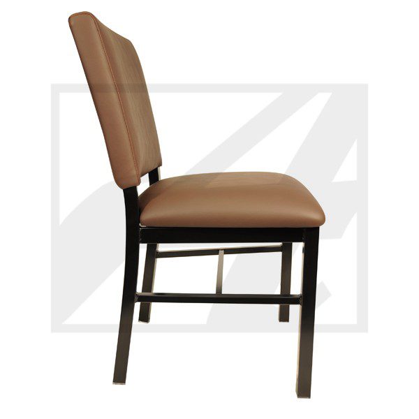 Brown cushioned chair with black wooden frame.