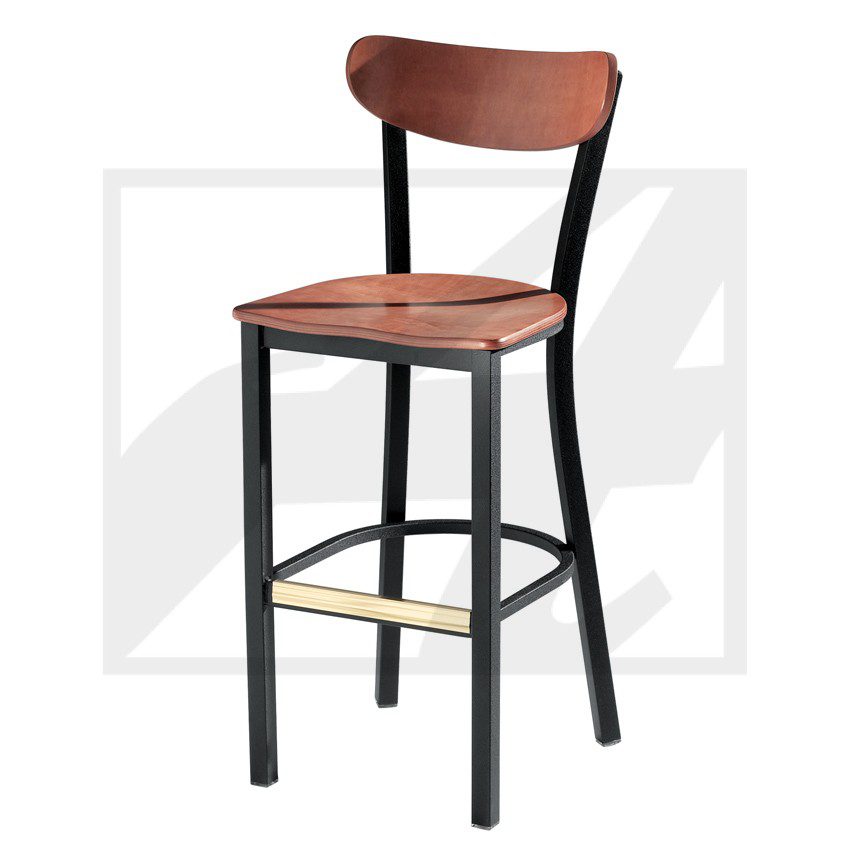 Wood and metal bar stool with a backrest.