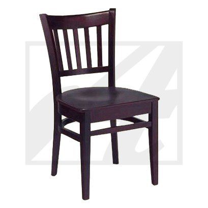 Dark wooden chair with vertical slats and cushioned seat.