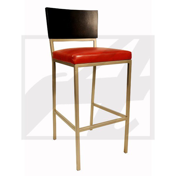 Modern bar stool with red cushion and wooden backrest.