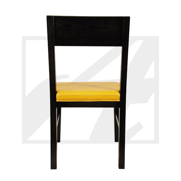 A black wooden chair with a bright yellow cushioned seat, viewed from the back.