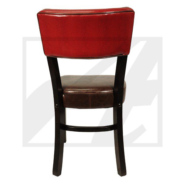 A wooden chair with a red cushioned backrest and seat.