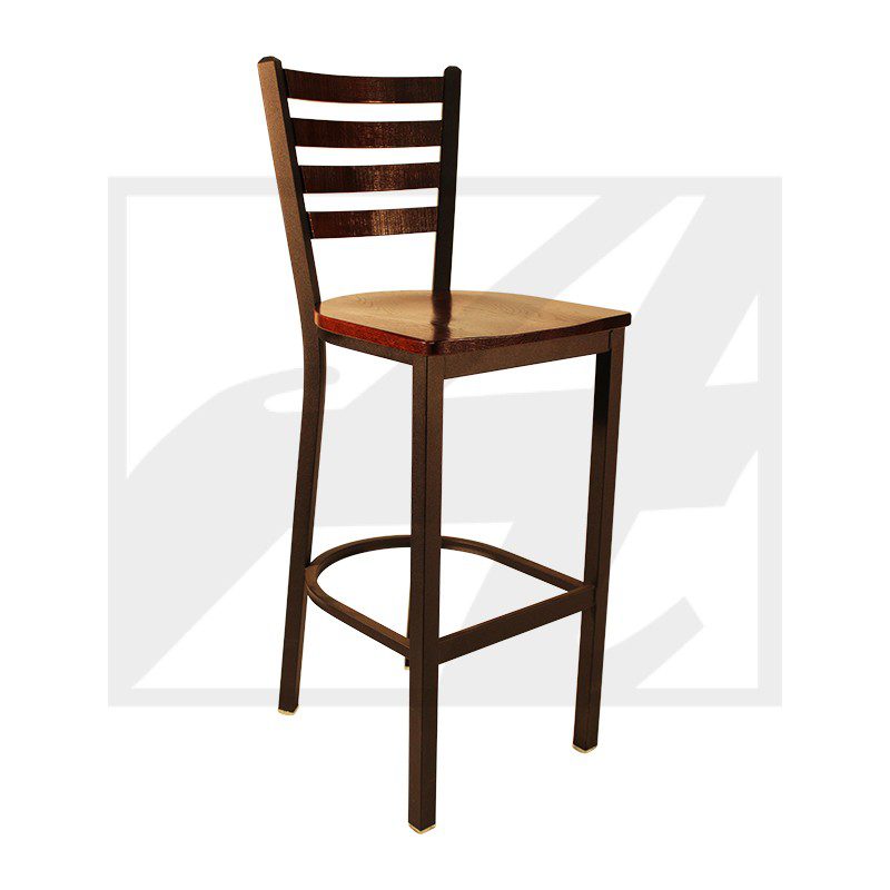 Wooden bar stool with ladder back and round footrest.
